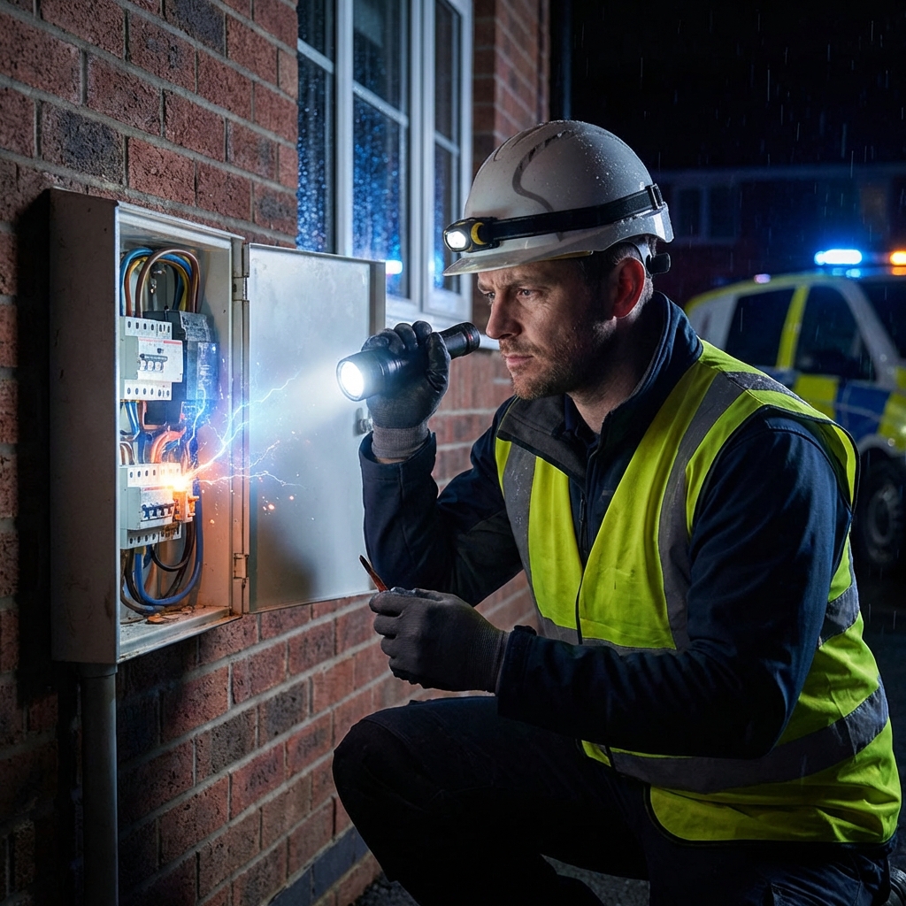 Emergency electrician fixing fuse box at night in Peterborough